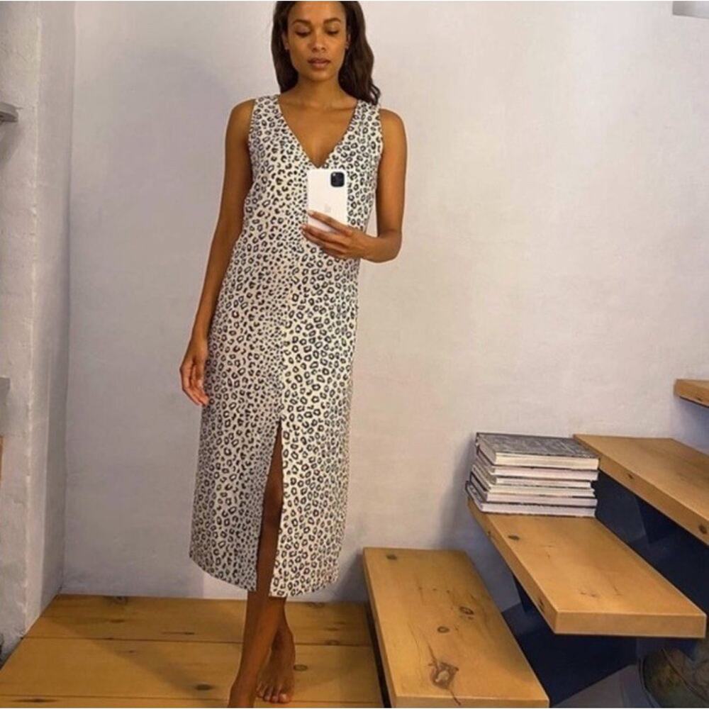 Lou & Grey 100% Linen Leopard Midi Sleeveless Dress‎ Pockets V-Neck Size Small